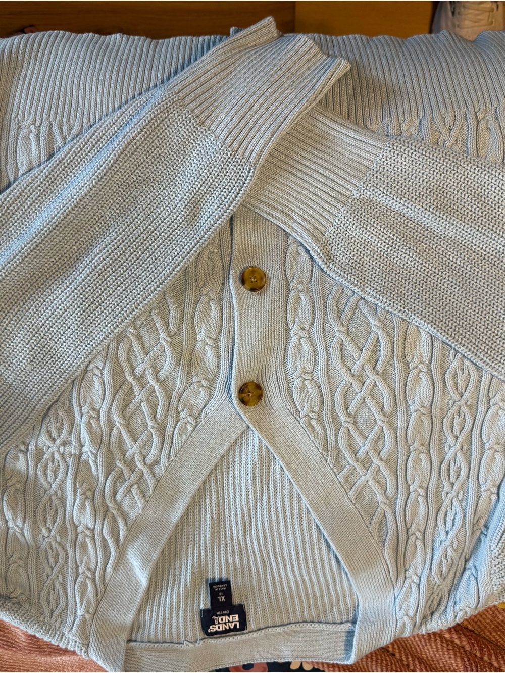 Lands' End Light Blue Cable Knit Button-Front Cardigan